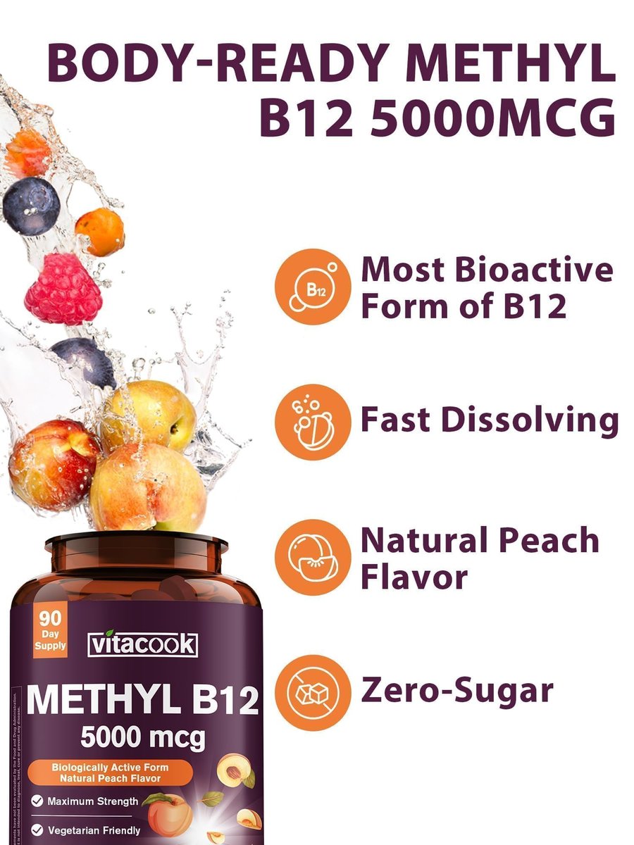 Vitacook Vitamin B12 Sublingual, Methylcobalamin 5000 mcg für Energie, Nerven & Zellen, natürlicher Pfirsichgeschmack, vegan, zuckerfrei, 90 schnell lösliche Tabletten