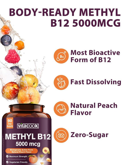 Vitacook Vitamin B12 Sublingual, Methylcobalamin 5000 mcg für Energie, Nerven & Zellen, natürlicher Pfirsichgeschmack, vegan, zuckerfrei, 90 schnell lösliche Tabletten