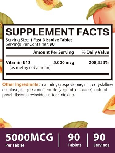 Vitacook Vitamin B12 Sublingual, Methylcobalamin 5000 mcg für Energie, Nerven & Zellen, natürlicher Pfirsichgeschmack, vegan, zuckerfrei, 90 schnell lösliche Tabletten