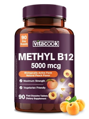Vitacook Vitamin B12 Sublingual, Methylcobalamin 5000 mcg für Energie, Nerven & Zellen, natürlicher Pfirsichgeschmack, vegan, zuckerfrei, 90 schnell lösliche Tabletten