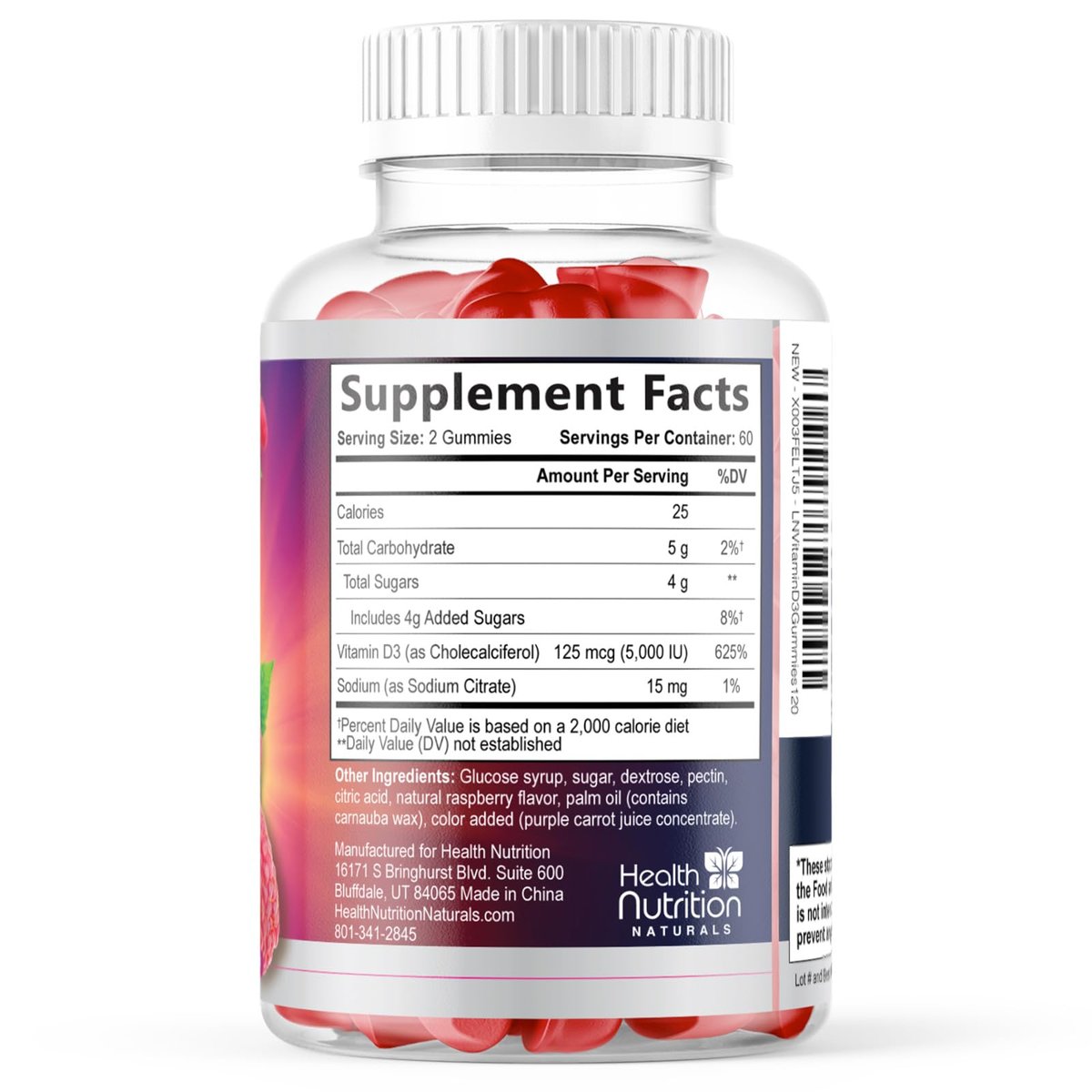 Vitamin D3 Gummis 125 mcg (5000 IE) pro Portion - 3-fache Stärke Immununterstützung & Knochenstärkung, Vitamin D Gummy Nahrungsergänzungsmittel, Nature's Berry D Vitaminpräparat, Himbeergeschmack - 120 Gummis