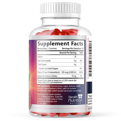 Vitamin D3 Gummis 125 mcg (5000 IE) pro Portion - 3-fache Stärke Immununterstützung & Knochenstärkung, Vitamin D Gummy Nahrungsergänzungsmittel, Nature's Berry D Vitaminpräparat, Himbeergeschmack - 120 Gummis
