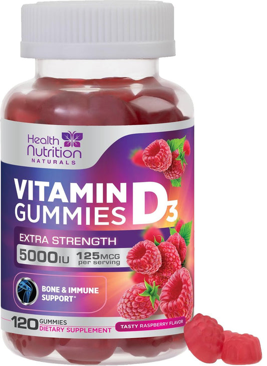 Vitamin D3 Gummis 125 mcg (5000 IE) pro Portion - 3-fache Stärke Immununterstützung & Knochenstärkung, Vitamin D Gummy Nahrungsergänzungsmittel, Nature's Berry D Vitaminpräparat, Himbeergeschmack - 120 Gummis