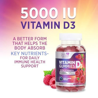 Vitamin D3 Gummis 125 mcg (5000 IE) pro Portion - 3-fache Stärke Immununterstützung & Knochenstärkung, Vitamin D Gummy Nahrungsergänzungsmittel, Nature's Berry D Vitaminpräparat, Himbeergeschmack - 120 Gummis
