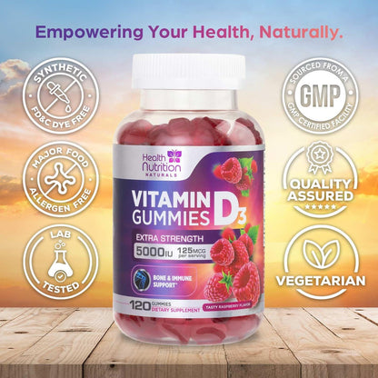 Vitamin D3 Gummis 125 mcg (5000 IE) pro Portion - 3-fache Stärke Immununterstützung & Knochenstärkung, Vitamin D Gummy Nahrungsergänzungsmittel, Nature's Berry D Vitaminpräparat, Himbeergeschmack - 120 Gummis