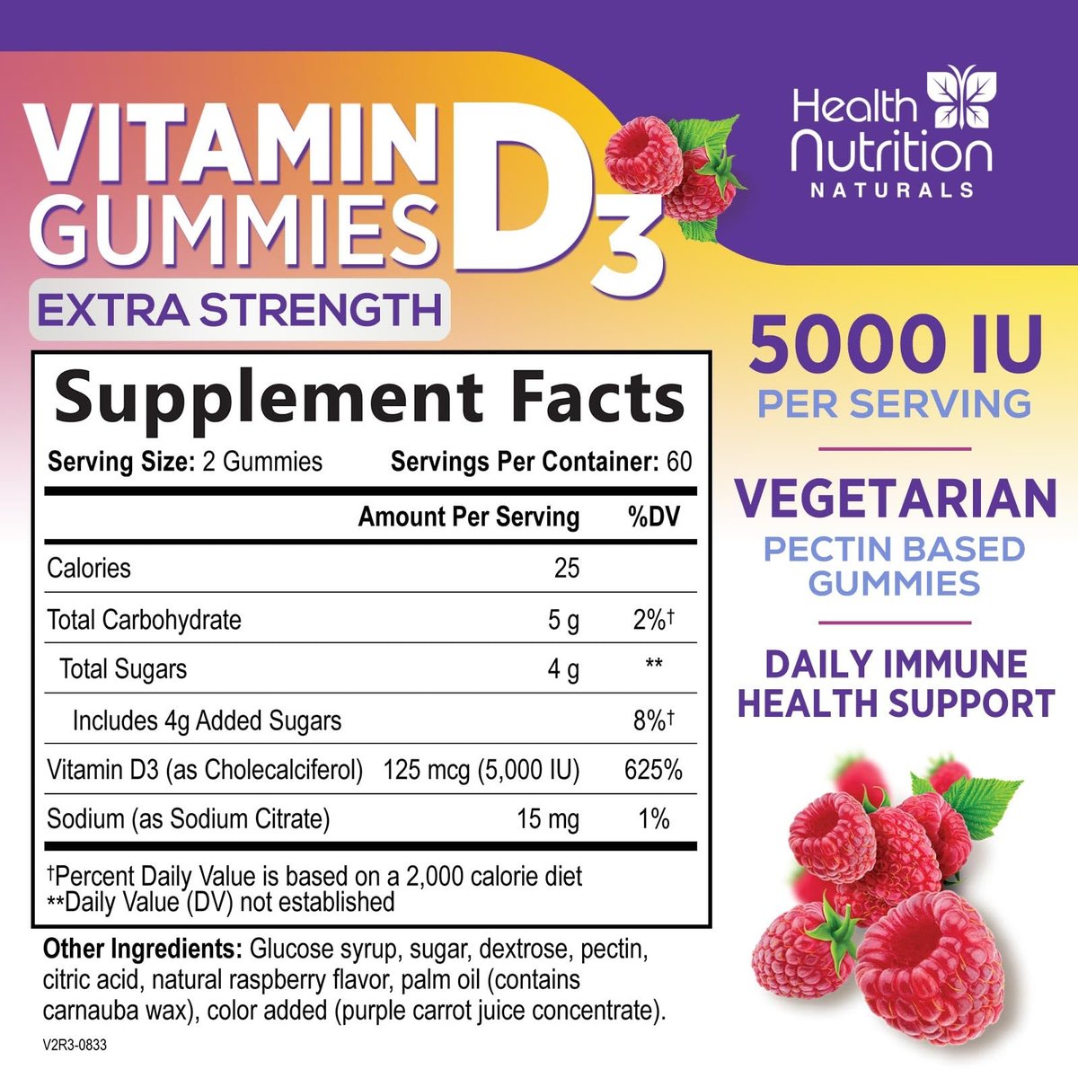 Vitamin D3 Gummis 125 mcg (5000 IE) pro Portion - 3-fache Stärke Immununterstützung & Knochenstärkung, Vitamin D Gummy Nahrungsergänzungsmittel, Nature's Berry D Vitaminpräparat, Himbeergeschmack - 120 Gummis