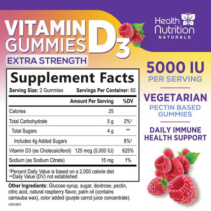 Vitamin D3 Gummis 125 mcg (5000 IE) pro Portion - 3-fache Stärke Immununterstützung & Knochenstärkung, Vitamin D Gummy Nahrungsergänzungsmittel, Nature's Berry D Vitaminpräparat, Himbeergeschmack - 120 Gummis