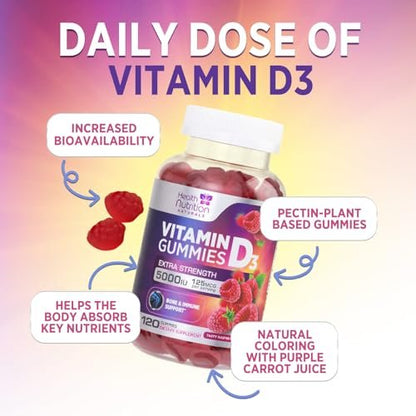 Vitamin D3 Gummis 125 mcg (5000 IE) pro Portion - 3-fache Stärke Immununterstützung & Knochenstärkung, Vitamin D Gummy Nahrungsergänzungsmittel, Nature's Berry D Vitaminpräparat, Himbeergeschmack - 120 Gummis