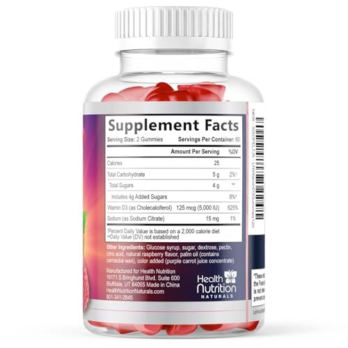 Vitamin D3 Gummis 125 mcg (5000 IE) pro Portion - 3-fache Stärke Immununterstützung & Knochenstärkung, Vitamin D Gummy Nahrungsergänzungsmittel, Nature's Berry D Vitaminpräparat, Himbeergeschmack - 120 Gummis