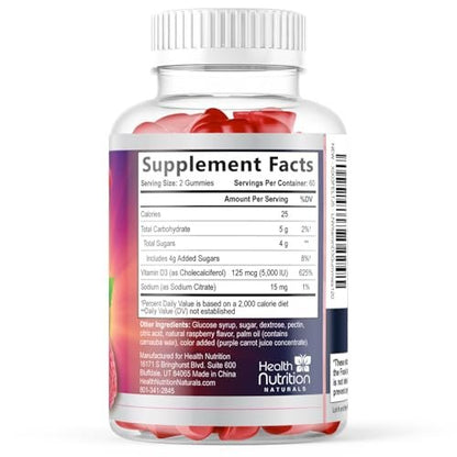 Vitamin D3 Gummis 125 mcg (5000 IE) pro Portion - 3-fache Stärke Immununterstützung & Knochenstärkung, Vitamin D Gummy Nahrungsergänzungsmittel, Nature's Berry D Vitaminpräparat, Himbeergeschmack - 120 Gummis