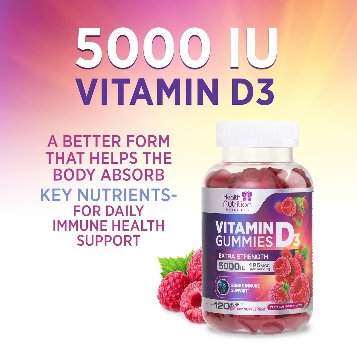Vitamin D3 Gummis 125 mcg (5000 IE) pro Portion - 3-fache Stärke Immununterstützung & Knochenstärkung, Vitamin D Gummy Nahrungsergänzungsmittel, Nature's Berry D Vitaminpräparat, Himbeergeschmack - 120 Gummis