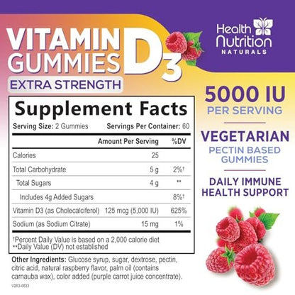 Vitamin D3 Gummis 125 mcg (5000 IE) pro Portion - 3-fache Stärke Immununterstützung & Knochenstärkung, Vitamin D Gummy Nahrungsergänzungsmittel, Nature's Berry D Vitaminpräparat, Himbeergeschmack - 120 Gummis