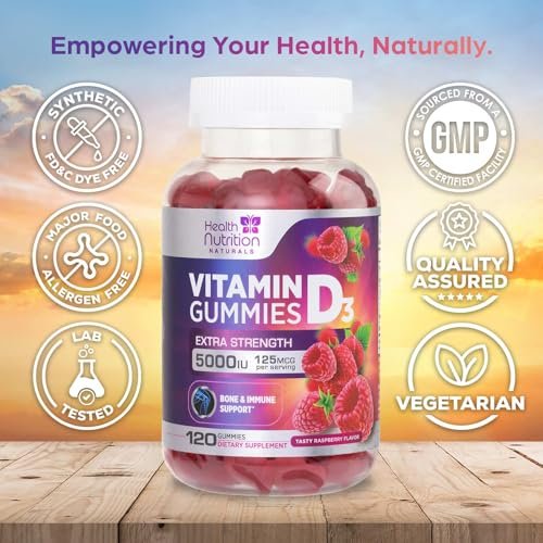 Vitamin D3 Gummis 125 mcg (5000 IE) pro Portion - 3-fache Stärke Immununterstützung & Knochenstärkung, Vitamin D Gummy Nahrungsergänzungsmittel, Nature's Berry D Vitaminpräparat, Himbeergeschmack - 120 Gummis