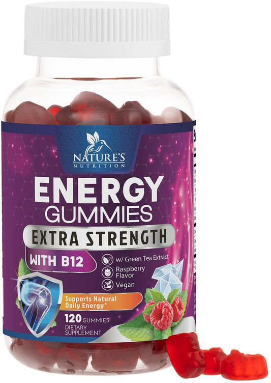 Energy Gummies - Vitamin B12 1000 mcg Pro Portion - Tägliche Energie-Gummibärchen mit natürlichem Koffein aus grünem Tee - Beerenaroma B12 Gummies für Laufen, Radfahren & Sport - 120 Gummies