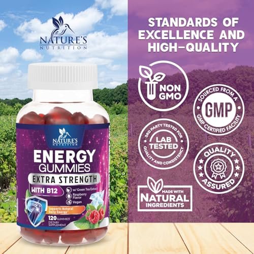 Energy Gummies - Vitamin B12 1000 mcg Pro Portion - Tägliche Energie-Gummibärchen mit natürlichem Koffein aus grünem Tee - Beerenaroma B12 Gummies für Laufen, Radfahren & Sport - 120 Gummies