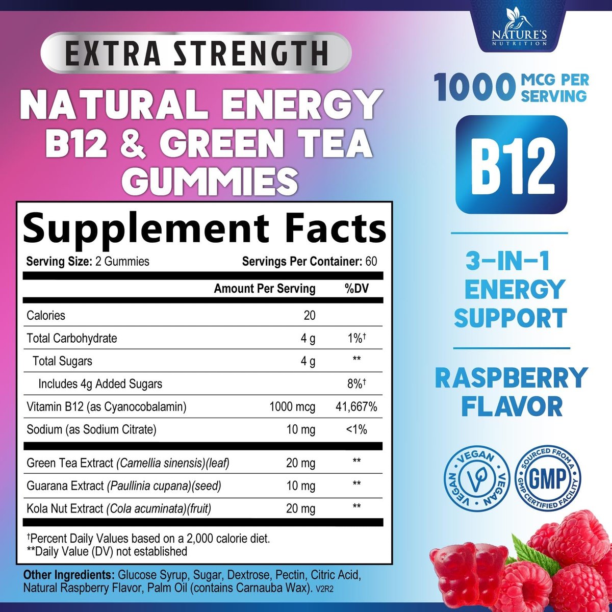 Energy Gummies - Vitamin B12 1000 mcg Pro Portion - Tägliche Energie-Gummibärchen mit natürlichem Koffein aus grünem Tee - Beerenaroma B12 Gummies für Laufen, Radfahren & Sport - 120 Gummies