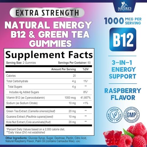Energy Gummies - Vitamin B12 1000 mcg Pro Portion - Tägliche Energie-Gummibärchen mit natürlichem Koffein aus grünem Tee - Beerenaroma B12 Gummies für Laufen, Radfahren & Sport - 120 Gummies