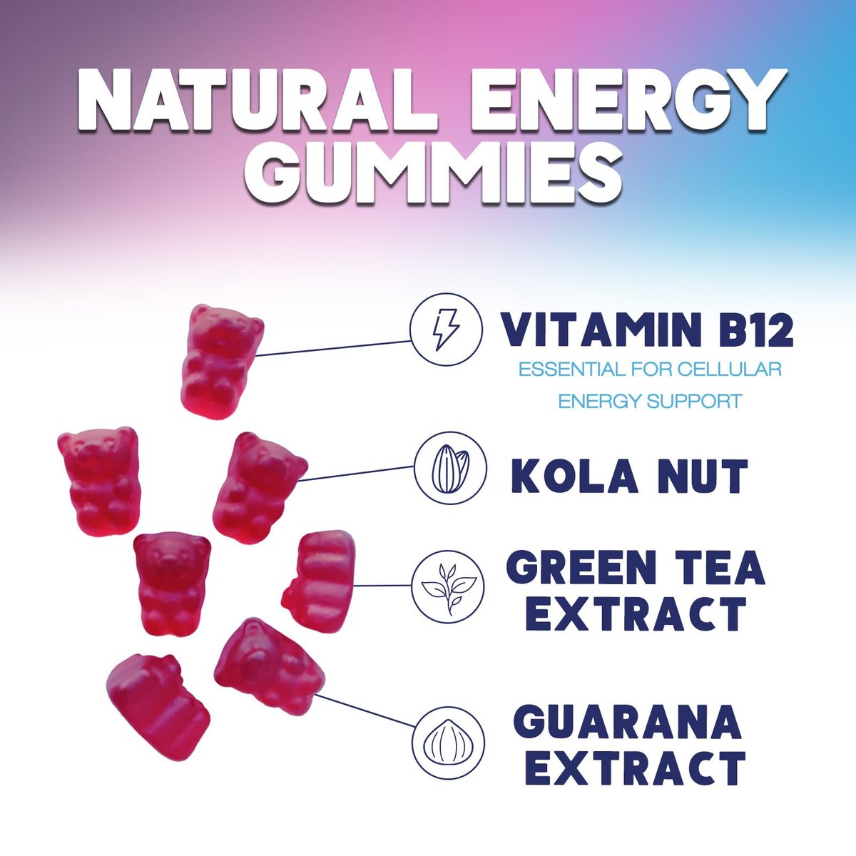 Energy Gummies - Vitamin B12 1000 mcg Pro Portion - Tägliche Energie-Gummibärchen mit natürlichem Koffein aus grünem Tee - Beerenaroma B12 Gummies für Laufen, Radfahren & Sport - 120 Gummies