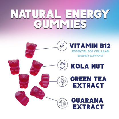 Energy Gummies - Vitamin B12 1000 mcg Pro Portion - Tägliche Energie-Gummibärchen mit natürlichem Koffein aus grünem Tee - Beerenaroma B12 Gummies für Laufen, Radfahren & Sport - 120 Gummies