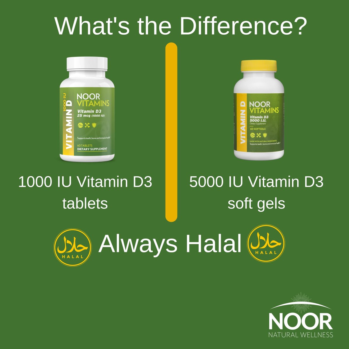 Noor Vitamins Halal Vitamin D3 1000 IE – 60 Tabletten – Unterstützt Knochen-, Immun- und Herzgesundheit – Nicht-GVO, glutenfrei & halal