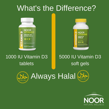 Noor Vitamins Halal Vitamin D3 1000 IE – 60 Tabletten – Unterstützt Knochen-, Immun- und Herzgesundheit – Nicht-GVO, glutenfrei & halal