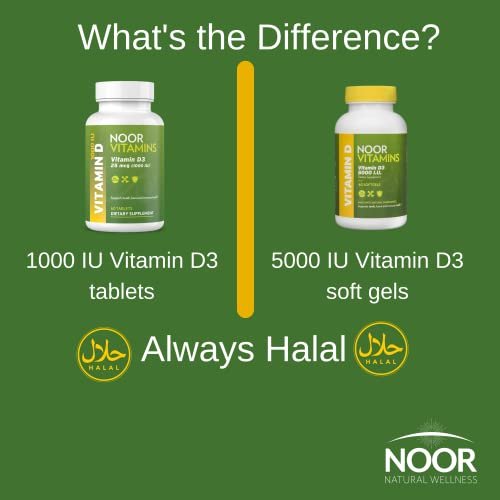 Noor Vitamins Halal Vitamin D3 1000 IE – 60 Tabletten – Unterstützt Knochen-, Immun- und Herzgesundheit – Nicht-GVO, glutenfrei & halal