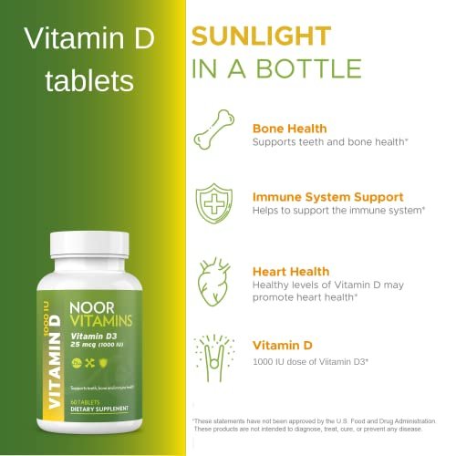 Noor Vitamins Halal Vitamin D3 1000 IE – 60 Tabletten – Unterstützt Knochen-, Immun- und Herzgesundheit – Nicht-GVO, glutenfrei & halal