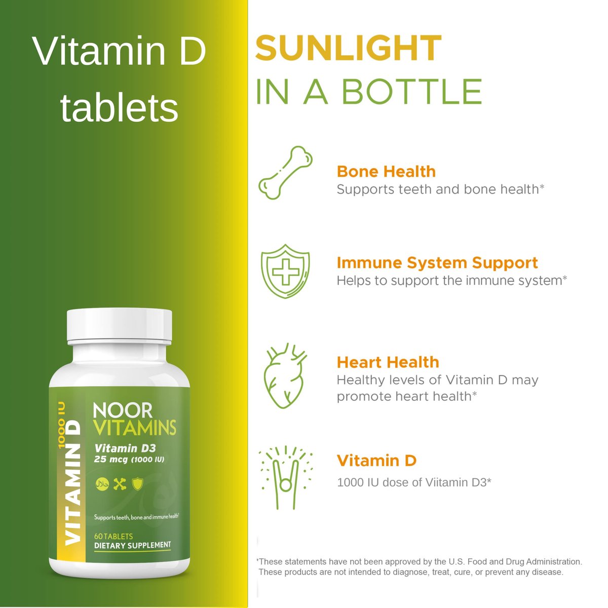 Noor Vitamins Halal Vitamin D3 1000 IE – 60 Tabletten – Unterstützt Knochen-, Immun- und Herzgesundheit – Nicht-GVO, glutenfrei & halal
