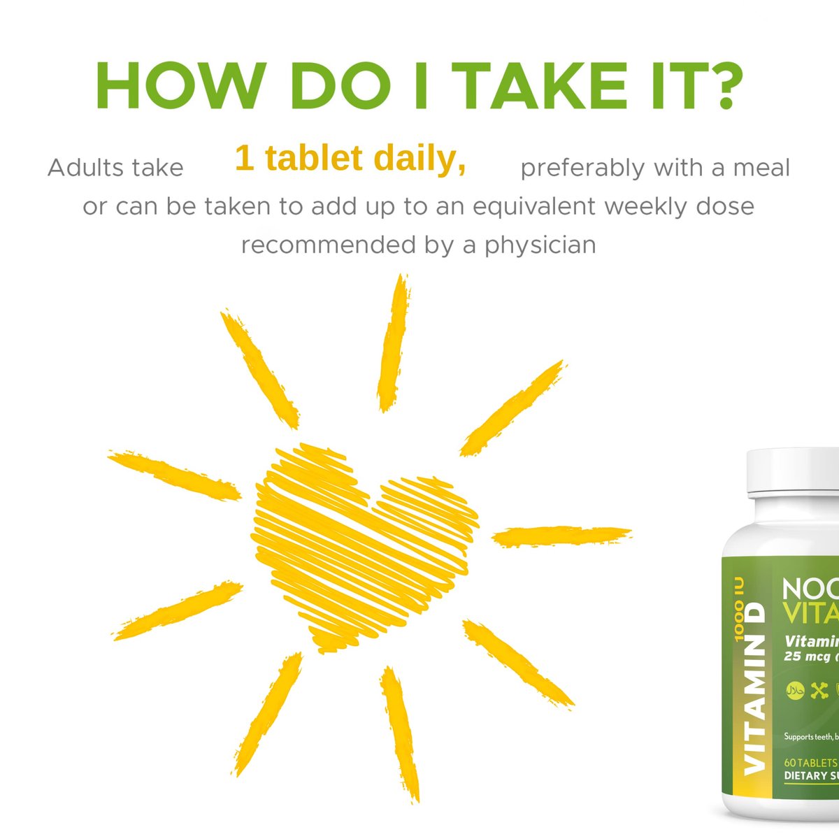 Noor Vitamins Halal Vitamin D3 1000 IE – 60 Tabletten – Unterstützt Knochen-, Immun- und Herzgesundheit – Nicht-GVO, glutenfrei & halal