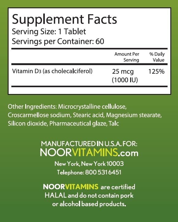 Noor Vitamins Halal Vitamin D3 1000 IE – 60 Tabletten – Unterstützt Knochen-, Immun- und Herzgesundheit – Nicht-GVO, glutenfrei & halal