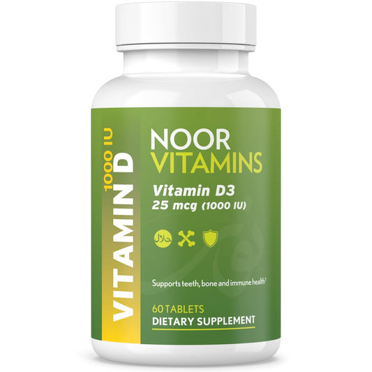 Noor Vitamins Halal Vitamin D3 1000 IE – 60 Tabletten – Unterstützt Knochen-, Immun- und Herzgesundheit – Nicht-GVO, glutenfrei & halal