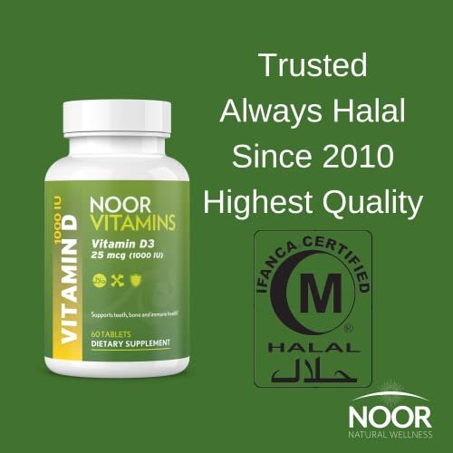 Noor Vitamins Halal Vitamin D3 1000 IE – 60 Tabletten – Unterstützt Knochen-, Immun- und Herzgesundheit – Nicht-GVO, glutenfrei & halal