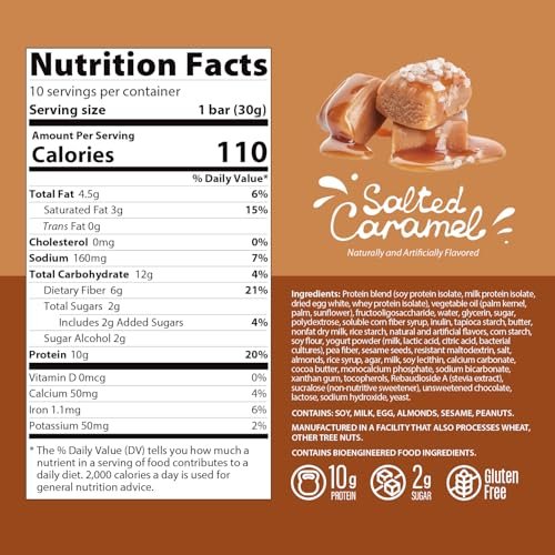 Genius Gourmet Knuspriger Proteinriegel, Gesalzenes Karamell, Keto Snack, Low Carb, Zuckerarm & Glutenfrei, 10 g Molkenprotein pro Riegel, 5 Netto-Kohlenhydrate, Snack für unterwegs, 10er Pack