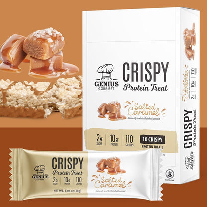 Genius Gourmet Knuspriger Proteinriegel, Gesalzenes Karamell, Keto Snack, Low Carb, Zuckerarm & Glutenfrei, 10 g Molkenprotein pro Riegel, 5 Netto-Kohlenhydrate, Snack für unterwegs, 10er Pack