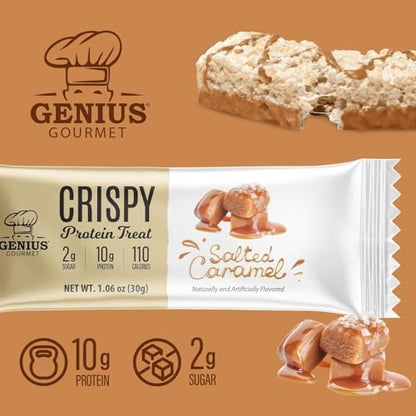 Genius Gourmet Knuspriger Proteinriegel, Gesalzenes Karamell, Keto Snack, Low Carb, Zuckerarm & Glutenfrei, 10 g Molkenprotein pro Riegel, 5 Netto-Kohlenhydrate, Snack für unterwegs, 10er Pack