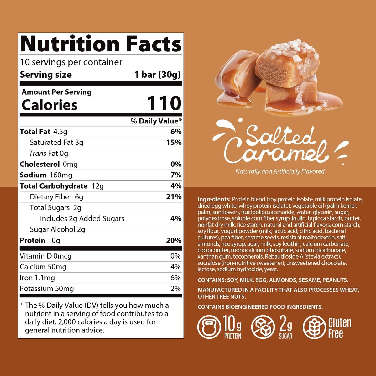 Genius Gourmet Knuspriger Proteinriegel, Gesalzenes Karamell, Keto Snack, Low Carb, Zuckerarm & Glutenfrei, 10 g Molkenprotein pro Riegel, 5 Netto-Kohlenhydrate, Snack für unterwegs, 10er Pack
