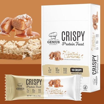 Genius Gourmet Knuspriger Proteinriegel, Gesalzenes Karamell, Keto Snack, Low Carb, Zuckerarm & Glutenfrei, 10 g Molkenprotein pro Riegel, 5 Netto-Kohlenhydrate, Snack für unterwegs, 10er Pack