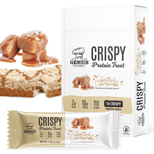 Genius Gourmet Knuspriger Proteinriegel, Gesalzenes Karamell, Keto Snack, Low Carb, Zuckerarm & Glutenfrei, 10 g Molkenprotein pro Riegel, 5 Netto-Kohlenhydrate, Snack für unterwegs, 10er Pack