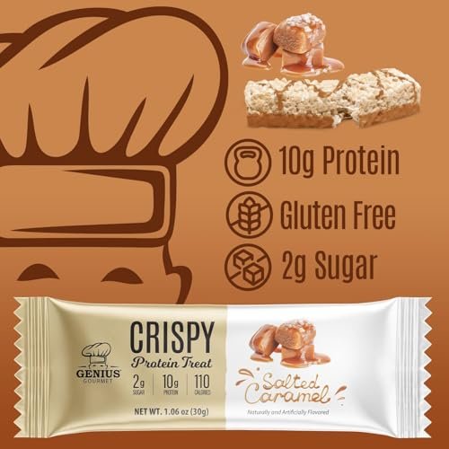Genius Gourmet Knuspriger Proteinriegel, Gesalzenes Karamell, Keto Snack, Low Carb, Zuckerarm & Glutenfrei, 10 g Molkenprotein pro Riegel, 5 Netto-Kohlenhydrate, Snack für unterwegs, 10er Pack