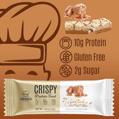 Genius Gourmet Knuspriger Proteinriegel, Gesalzenes Karamell, Keto Snack, Low Carb, Zuckerarm & Glutenfrei, 10 g Molkenprotein pro Riegel, 5 Netto-Kohlenhydrate, Snack für unterwegs, 10er Pack