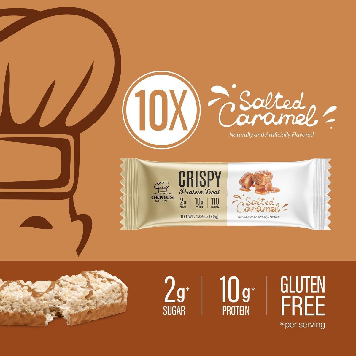 Genius Gourmet Knuspriger Proteinriegel, Gesalzenes Karamell, Keto Snack, Low Carb, Zuckerarm & Glutenfrei, 10 g Molkenprotein pro Riegel, 5 Netto-Kohlenhydrate, Snack für unterwegs, 10er Pack