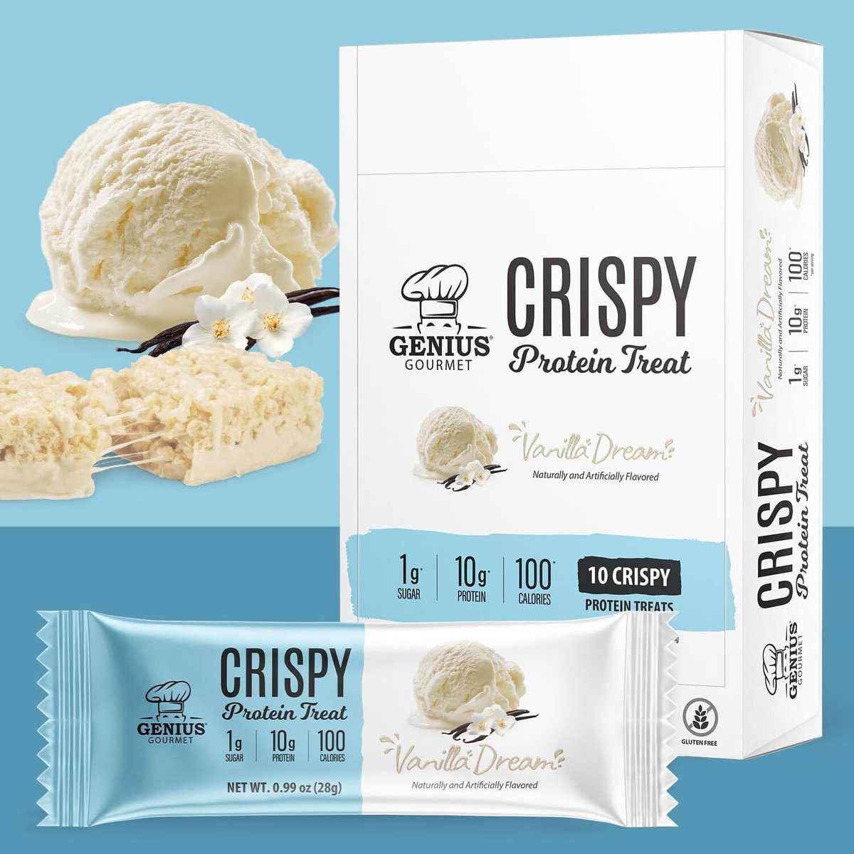 Genius Gourmet Crispy Protein Treat Vanilla Dream – Keto Snack, Low Carb, Low Sugar & Glutenfrei, 10 g Whey Protein pro Riegel, 5 Netto-Kohlenhydrate, 10er-Pack