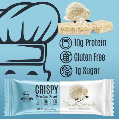 Genius Gourmet Crispy Protein Treat Vanilla Dream – Keto Snack, Low Carb, Low Sugar & Glutenfrei, 10 g Whey Protein pro Riegel, 5 Netto-Kohlenhydrate, 10er-Pack