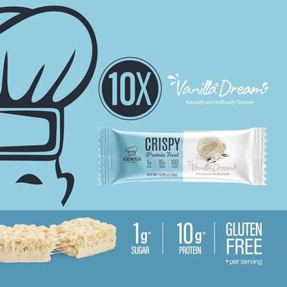 Genius Gourmet Crispy Protein Treat Vanilla Dream – Keto Snack, Low Carb, Low Sugar & Glutenfrei, 10 g Whey Protein pro Riegel, 5 Netto-Kohlenhydrate, 10er-Pack