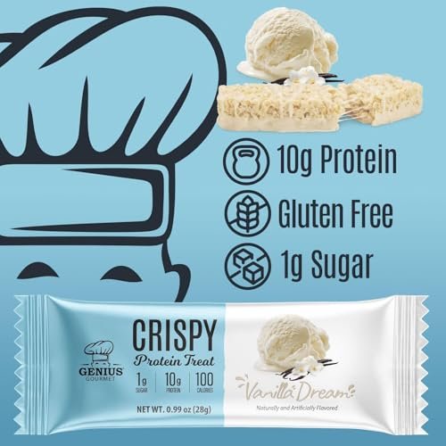 Genius Gourmet Crispy Protein Treat Vanilla Dream – Keto Snack, Low Carb, Low Sugar & Glutenfrei, 10 g Whey Protein pro Riegel, 5 Netto-Kohlenhydrate, 10er-Pack