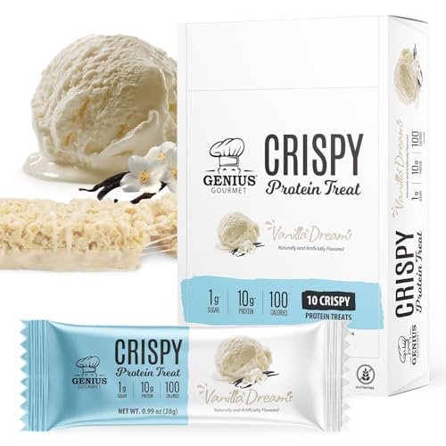 Genius Gourmet Crispy Protein Treat Vanilla Dream – Keto Snack, Low Carb, Low Sugar & Glutenfrei, 10 g Whey Protein pro Riegel, 5 Netto-Kohlenhydrate, 10er-Pack
