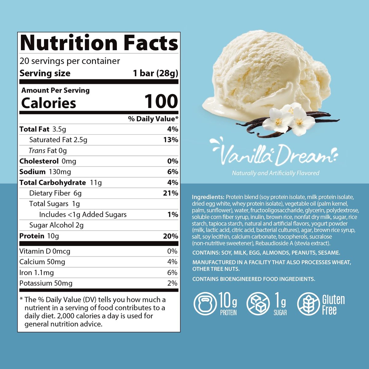 Genius Gourmet Crispy Protein Treat Vanilla Dream – Keto Snack, Low Carb, Low Sugar & Glutenfrei, 10 g Whey Protein pro Riegel, 5 Netto-Kohlenhydrate, 10er-Pack