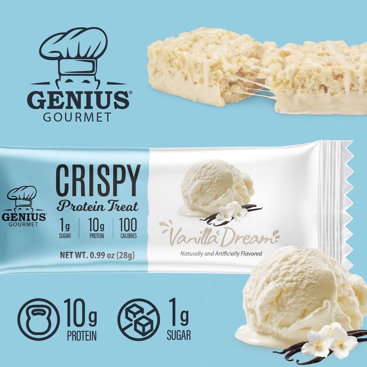 Genius Gourmet Crispy Protein Treat Vanilla Dream – Keto Snack, Low Carb, Low Sugar & Glutenfrei, 10 g Whey Protein pro Riegel, 5 Netto-Kohlenhydrate, 10er-Pack