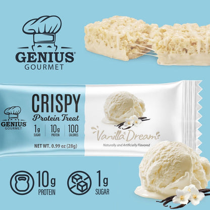 Genius Gourmet Crispy Protein Treat Vanilla Dream – Keto Snack, Low Carb, Low Sugar & Glutenfrei, 10 g Whey Protein pro Riegel, 5 Netto-Kohlenhydrate, 10er-Pack