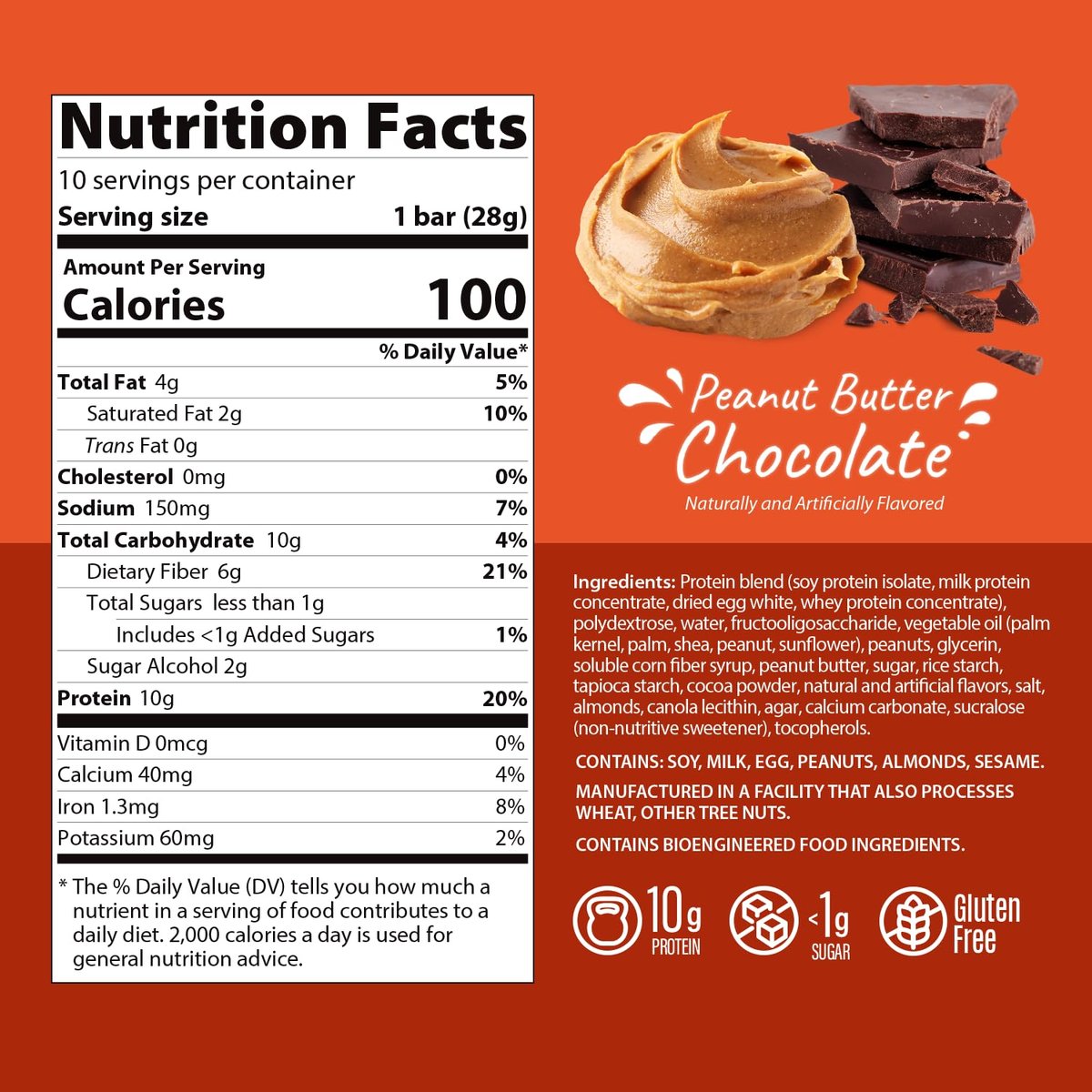 Genius Gourmet Crispy Protein Treat, Schokolade Erdnussbutter, Keto Snack, Low Carb, Zuckerarm & Glutenfrei, Protein Snacks für Erwachsene, 10G Whey Protein pro Riegel, 5 Netto-Kohlenhydrate, 10er-Pack